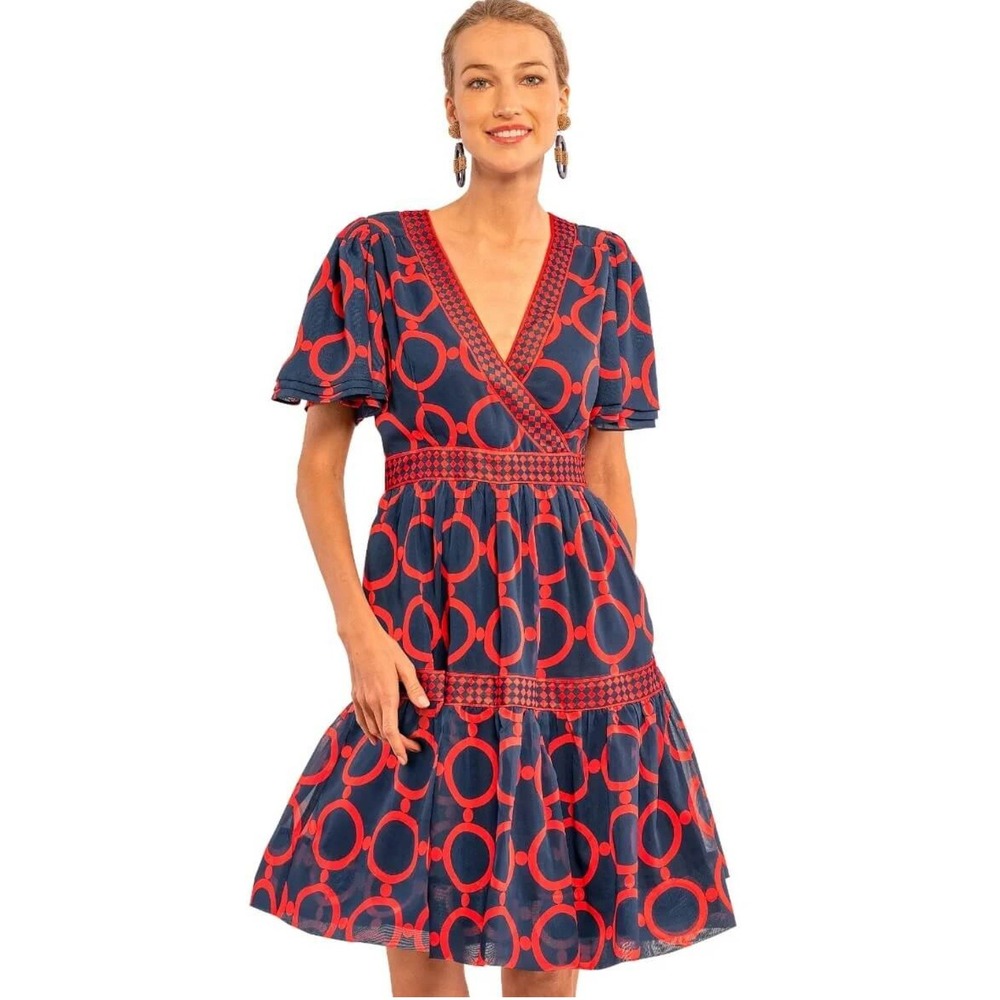 Gretchen Scott Le Marais Dip &‎ Dot Dress Sz S Navy Blue Red Flutter Sleeve Mod